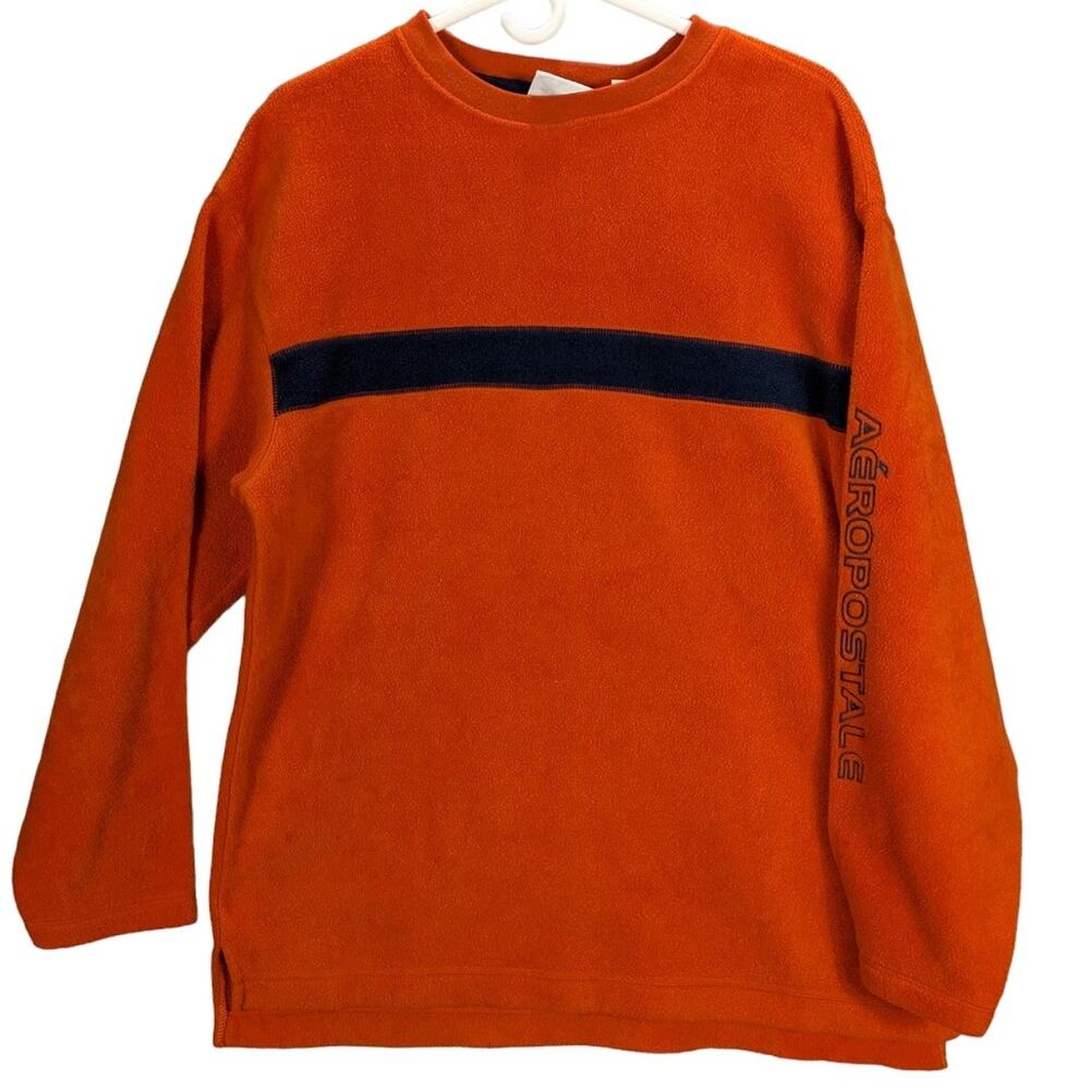 Aeropostale Y2K Sweater Mens Medium Orange Fleece Blue Stripe Vintage Skater